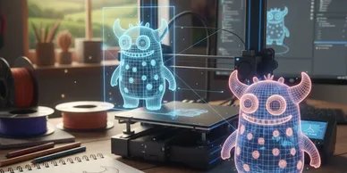 3D printer creating a holographic cartoon monster model.