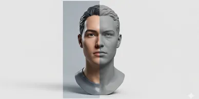 Half colored, half grayscale 3D male bust.