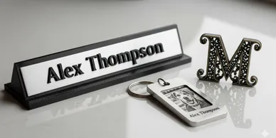 Desk nameplate and personalized keychain with the name Alex Thompson.