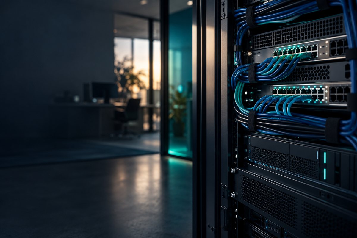 Business network equipment with teal status lights.